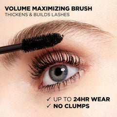 L’Oréal Paris Voluminous Original Mascara applied on lashes, smudge-resistant finish for day-to-night wear.