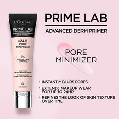 L’Oréal Paris Prime Lab texture-refine close-up indicating even-looking skin after primer.
