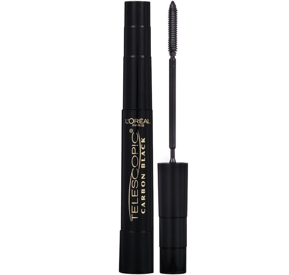 L’Oréal Paris Telescopic mascara carbon black tube close-up shows dramatic length.