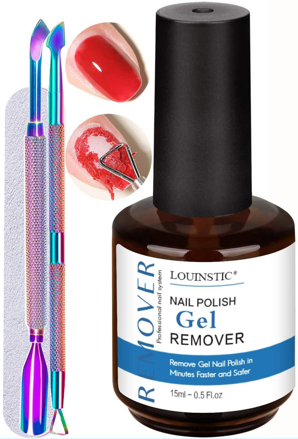 LOUINSTIC gel nail polish remover bottle closeup for quick, low-odor at-home use