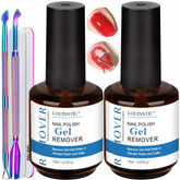 LOUINSTIC Gel Nail Polish Remover Kit bottle closeup shows low-odor formula for home nail care.