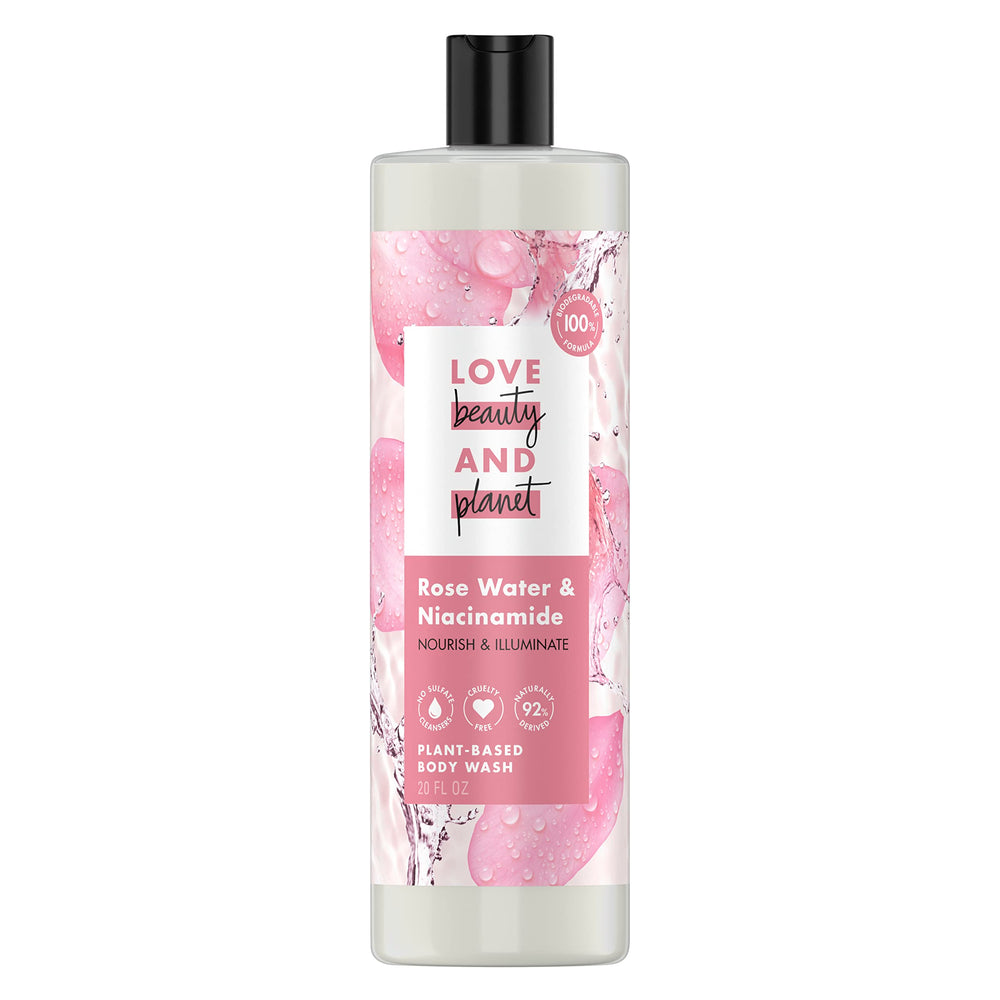 Love Beauty and Planet rose-water-niacinamide body wash bottle with rich lather