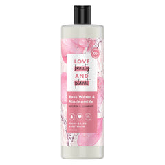 Love Beauty and Planet rose-water-niacinamide body wash bottle with rich lather