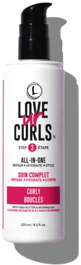 Love Ur Curls all-in-one curl cream bottle for defined, soft curls without crunch.