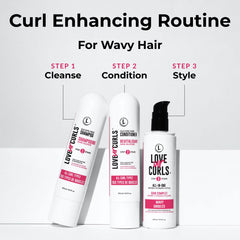 Love Ur Curls conditioner bottle highlighting detangling and lasting moisture for easy styling.