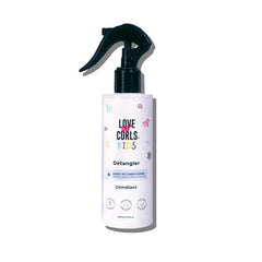 Love Ur Curls Kids Detangler spray bottle demonstrates gentle detangling with watermelon seed oil.