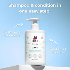 Love Ur Curls Kids Luck 2in1 shampoo label highlights fragrance-free formula for sensitive scalps