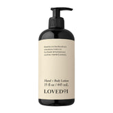 Loved01 Hand & Body Lotion bottle—fragrance-free daily hydration for all skin types.
