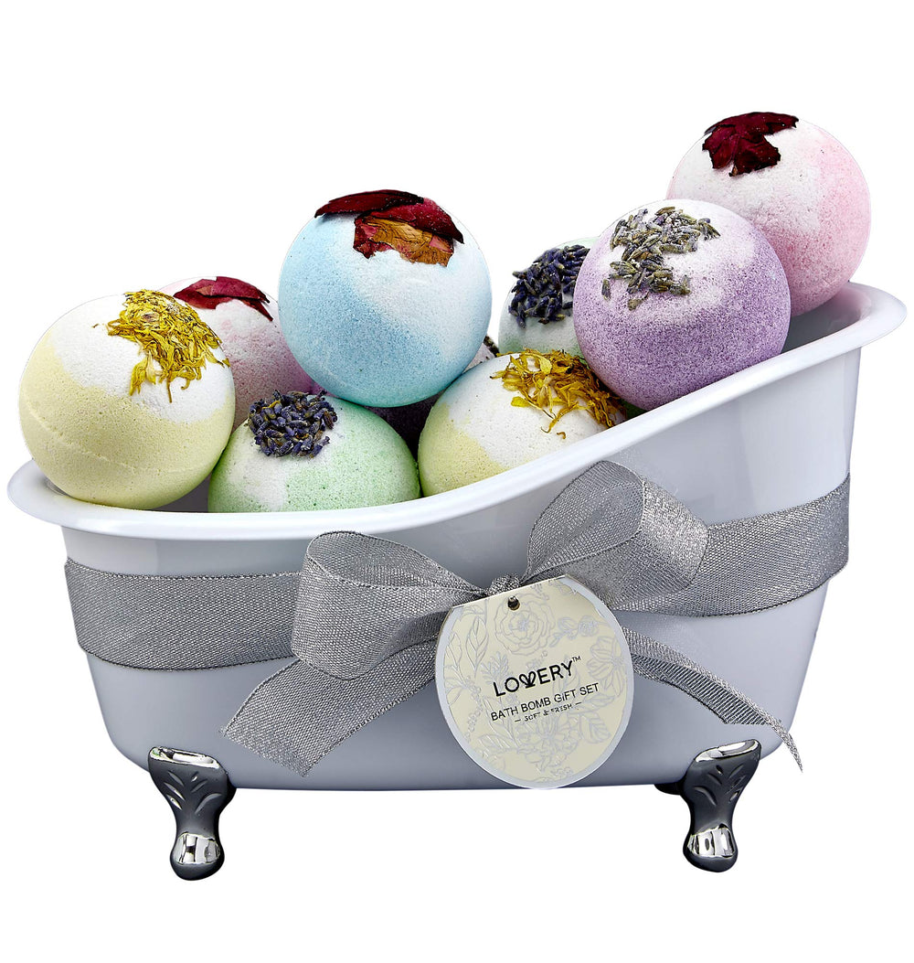 LOVERY Christmas gift basket for women with colorful bath bombs offering spa-like relaxation.