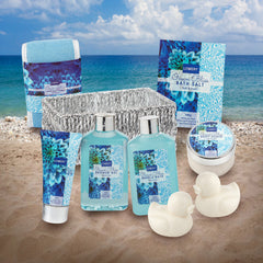 LOVERY Ocean Bliss contents display with shower gel and bath essentials.