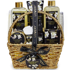 LOVERY Orchid Jasmine Bath Set in a gold-wrapped gift basket for a luxurious spa experience