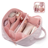 LOVEVOOK travel makeup bag open flat design showing five compartments for quick access.