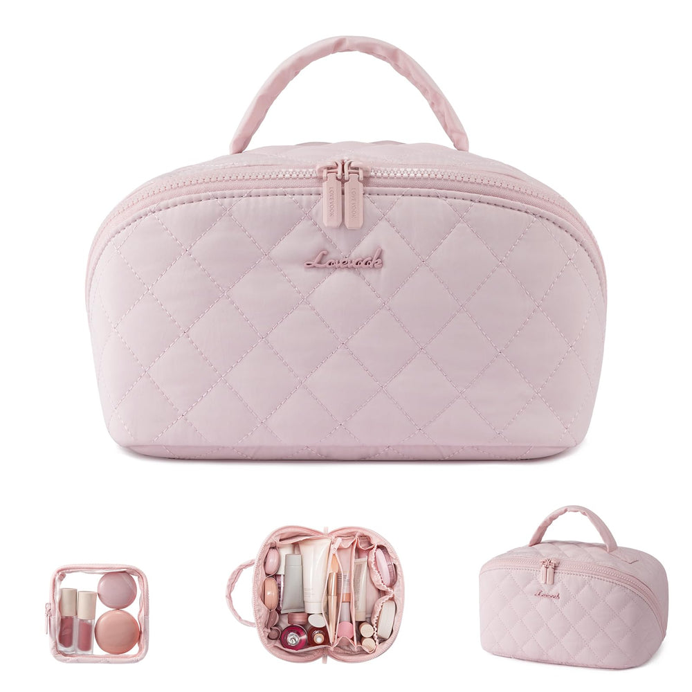 LOVEVOOK travel makeup bag with 180° lay-flat for quick access.