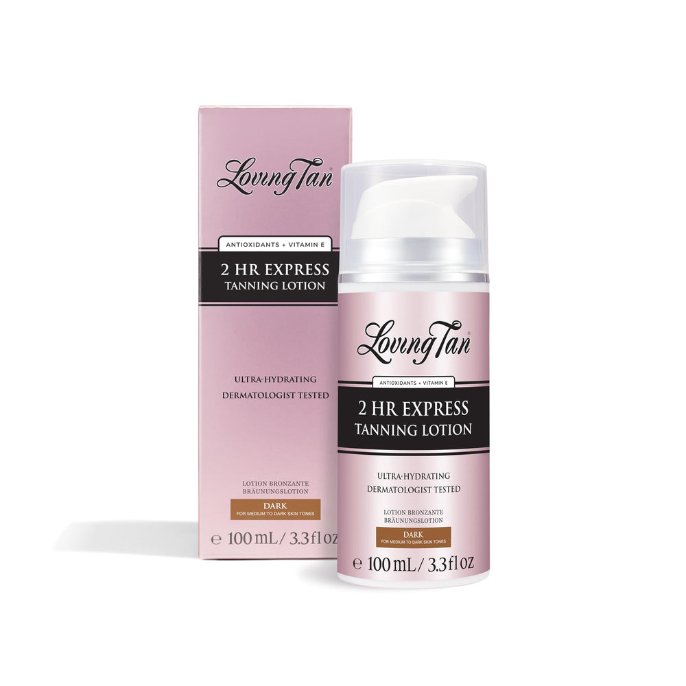 Loving Tan 2Hr Express self-tanner bottle highlights lightweight, hydrating formula for a natural glow.