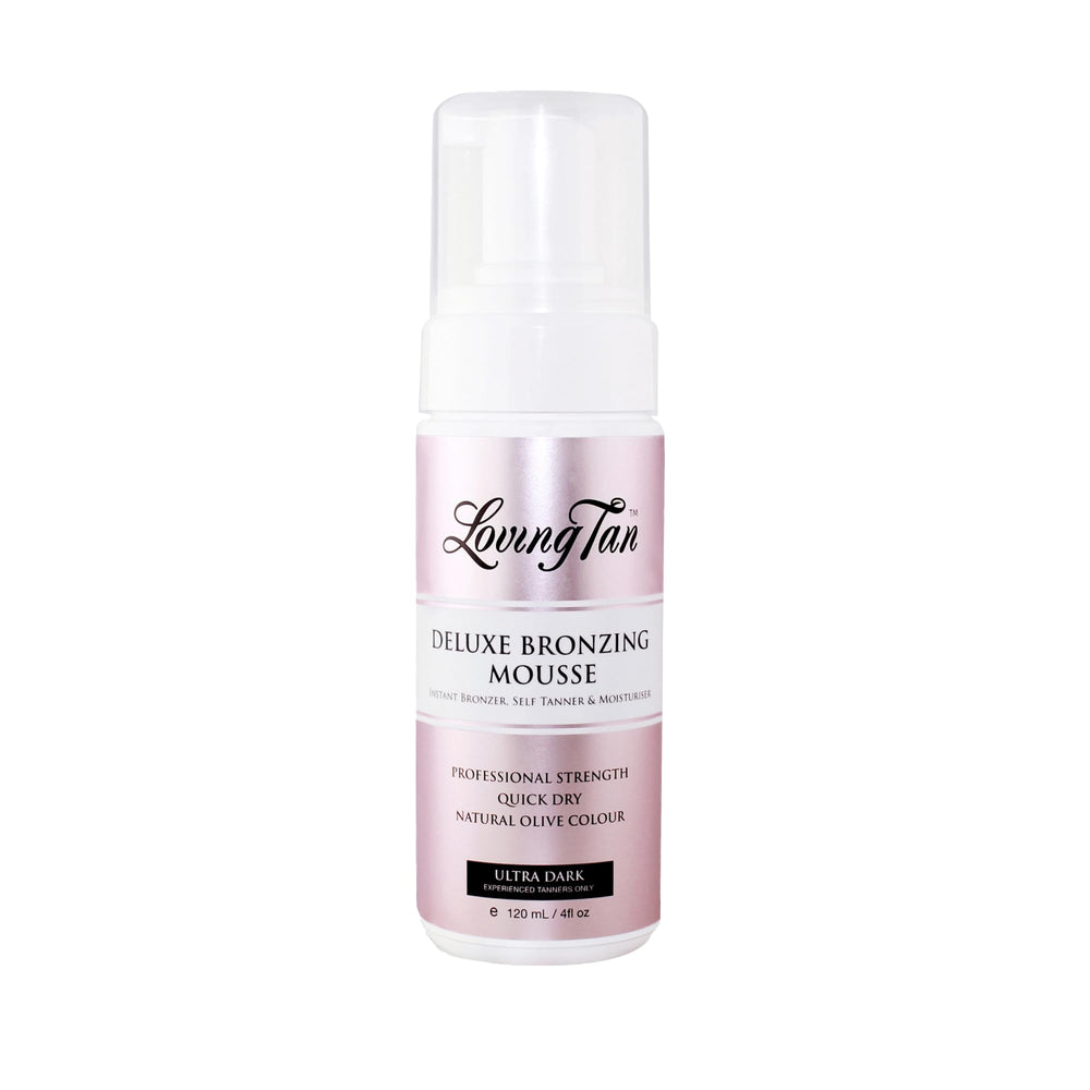 Loving Tan Deluxe Ultra Dark bottle shows natural-looking tan with long-lasting glow