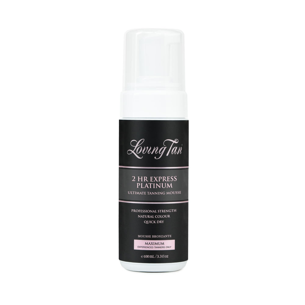 Loving Tan Platinum 2HR Express tan mousse bottle shows deep color for a natural sunless tan