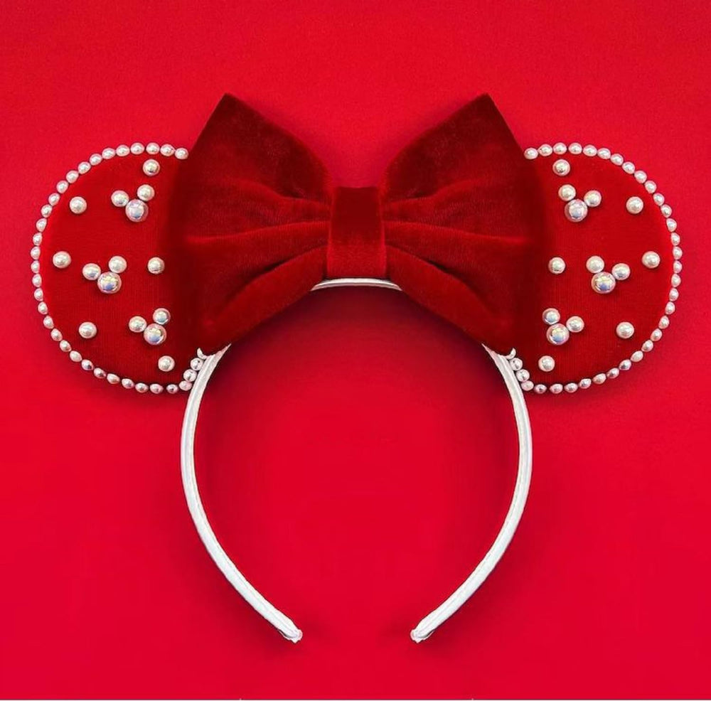 LSHDXD Christmas Mouse Ears Bow Headband, red glitter for festive party styling.