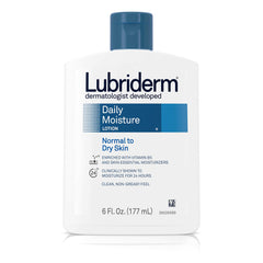 Lubriderm Daily Moisture bottle label shows dermatologist-developed hydration for skin.