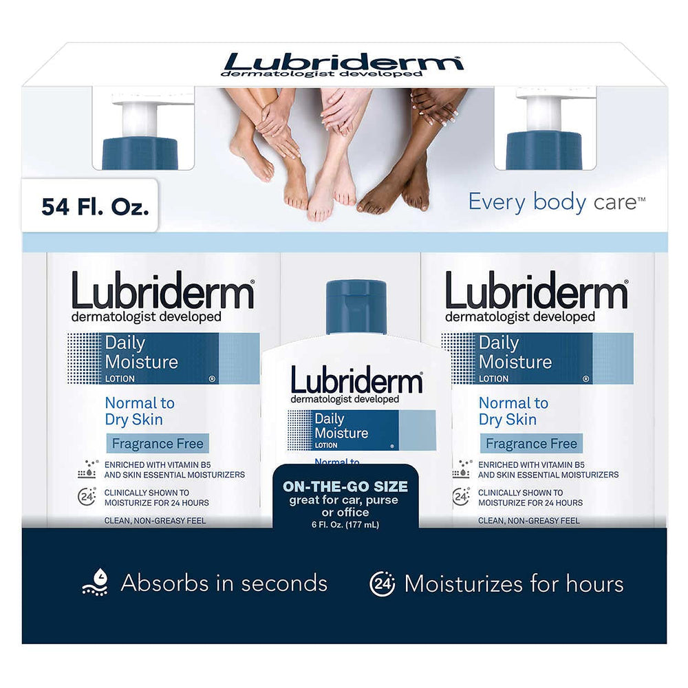 Lubriderm Daily Moisture fragrance-free 3-pack on display for everyday, gentle skin care.