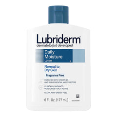 Lubriderm fragrance-free application on forearm illustrates quick absorption.