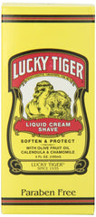 Lucky Tiger Liquid Cream Shave bottle highlights olive oil for nourished skin.
