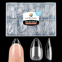 Luckyfairy short almond nail tips 360pcs box shows DIY-friendly fit.