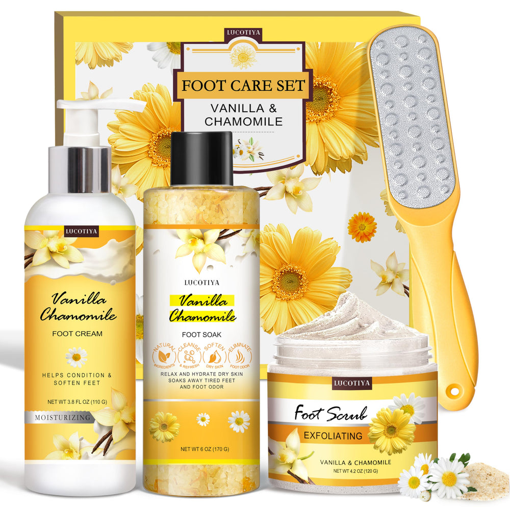 LUCOTIYA Foot Soak Set vanilla chamomile salts for relaxing at-home pedicure.