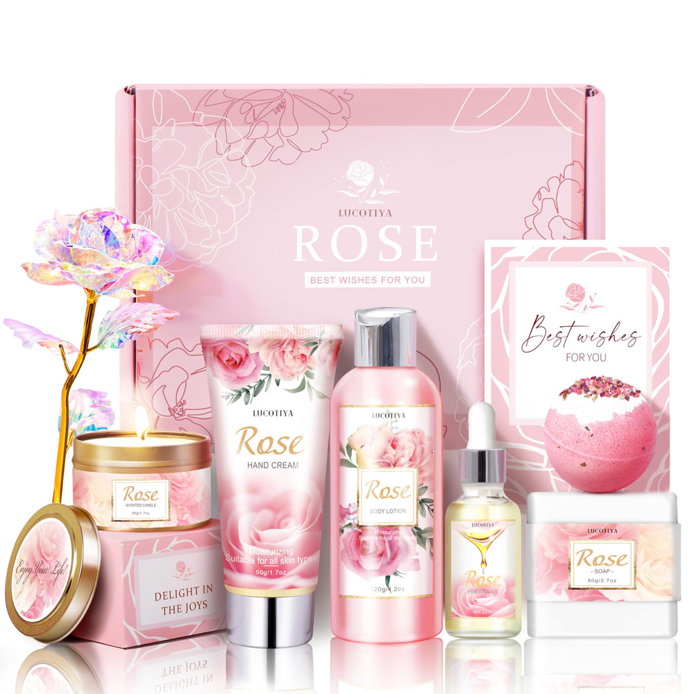 LUCOTIYA Rose Essential Oil bottle for calming aromatherapy at home.