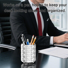LUGUNU crystal-embellished desk cup doubles as a pen holder for organization.