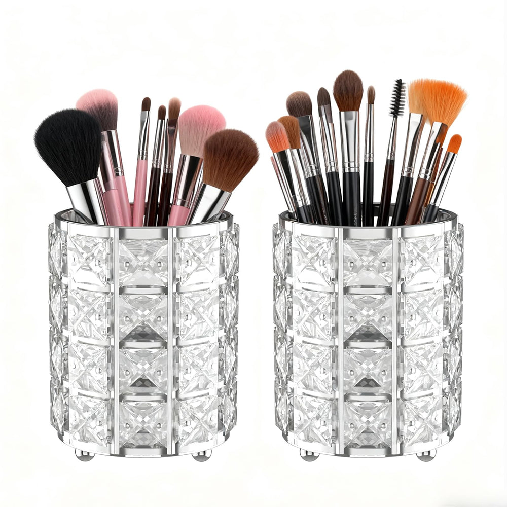 LUGUNU makeup brush holder with crystal bling keeps brushes neatly organized on the vanity.