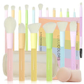 LULUCOLORS 18-piece brush set laid out for a complete, beginner-friendly makeup routine.