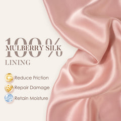 LULUSILK Mulberry Silk Lined Sleep Cap on head demonstrates secure, all-night fit for most users.