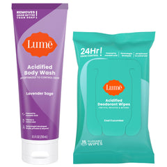 Lume Acidified Body Wash Lavender Sage bottle highlights 24-hour odor control