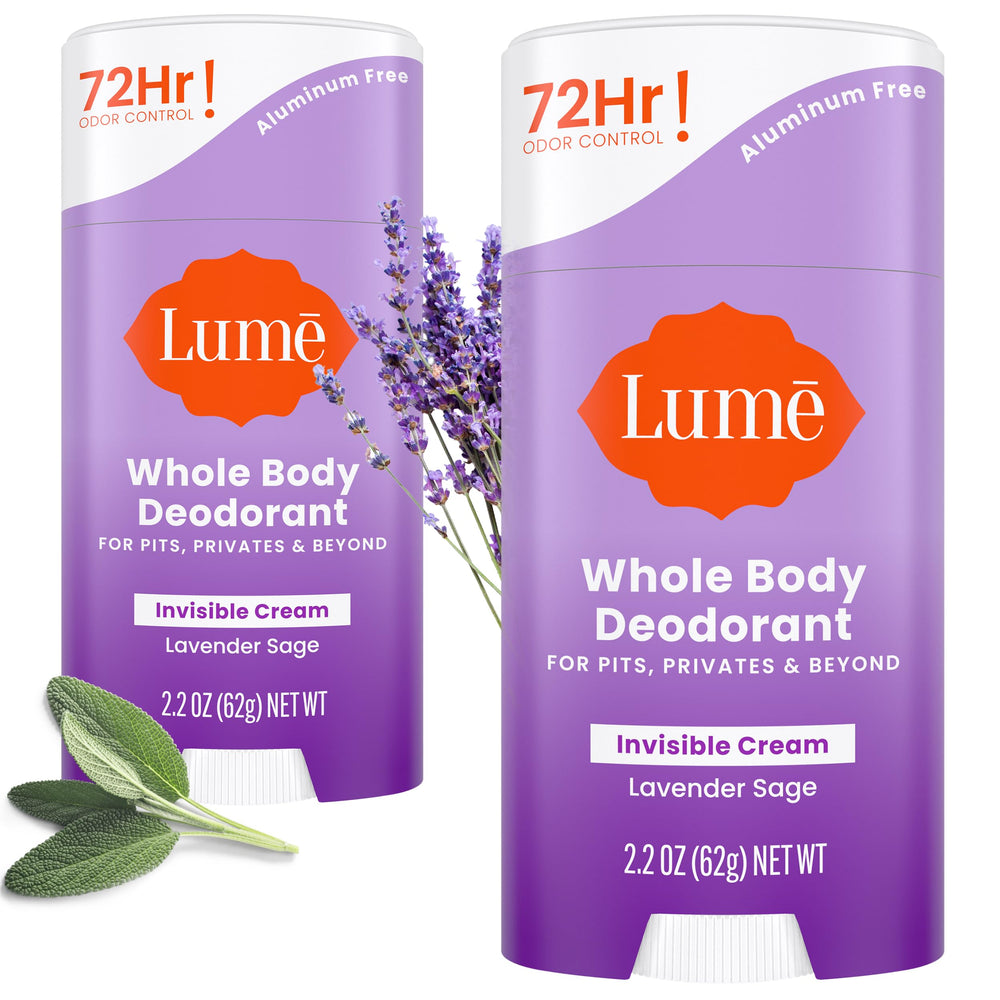 Lume deodorant cream stick underarms shows long-lasting odor control.