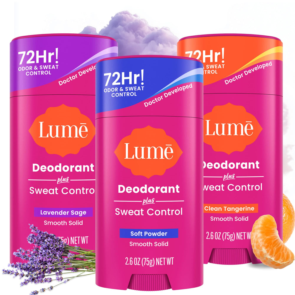 Lume Deodorant Plus sweat-control smooth solid bottle shows long-lasting odor support