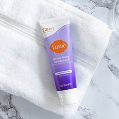Lume deodorant on underarm area highlights 72-hour odor control potential.