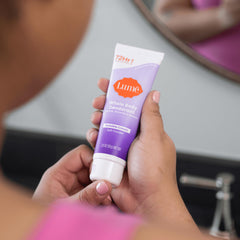 Lume packaging and jar close-up emphasizes skin-safe, baking-soda-free formula.