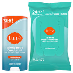 Lume smooth solid stick unscented provides odor control without fragrance.