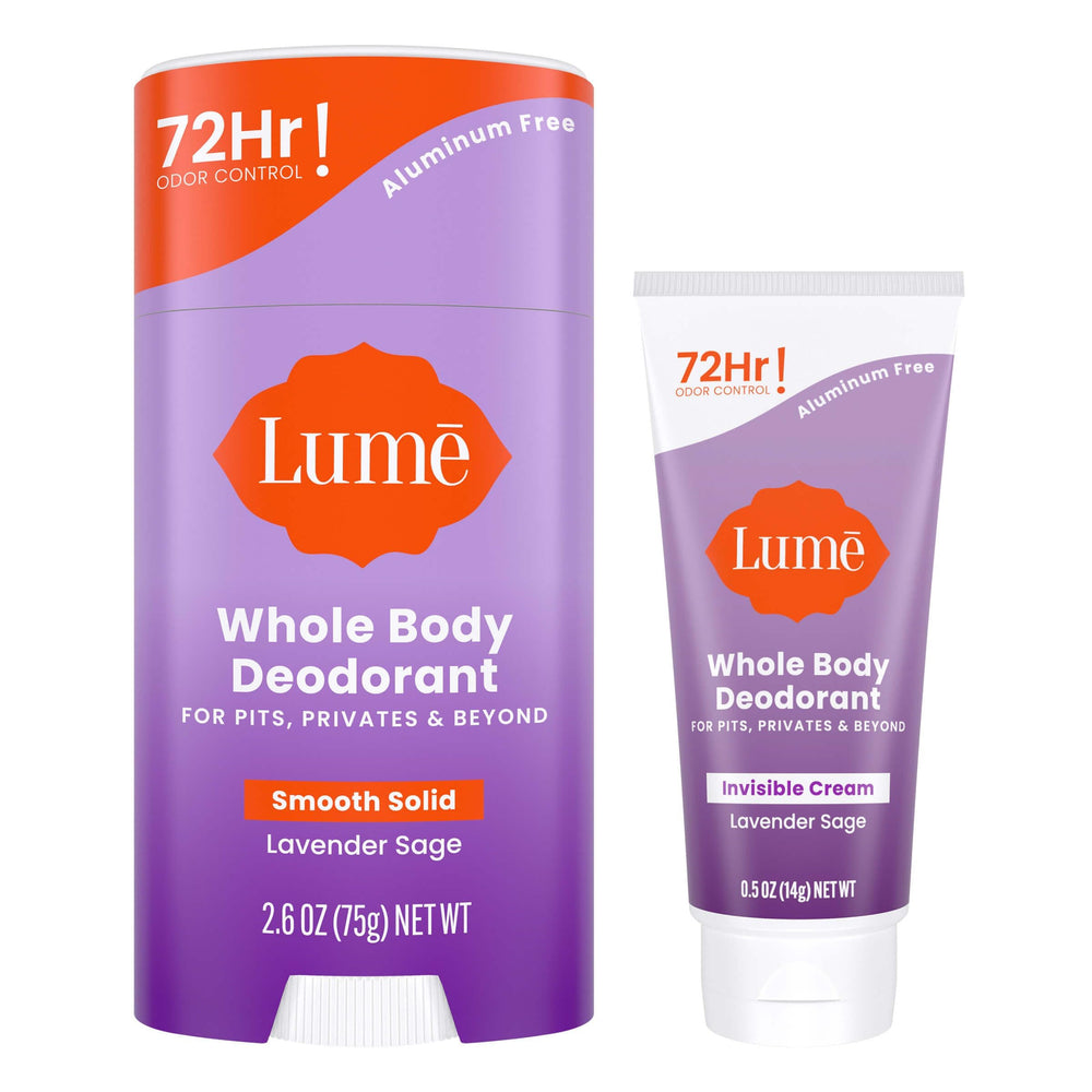 Lume solid-stick Lavender Sage shows a smooth glide with all-day odor control.