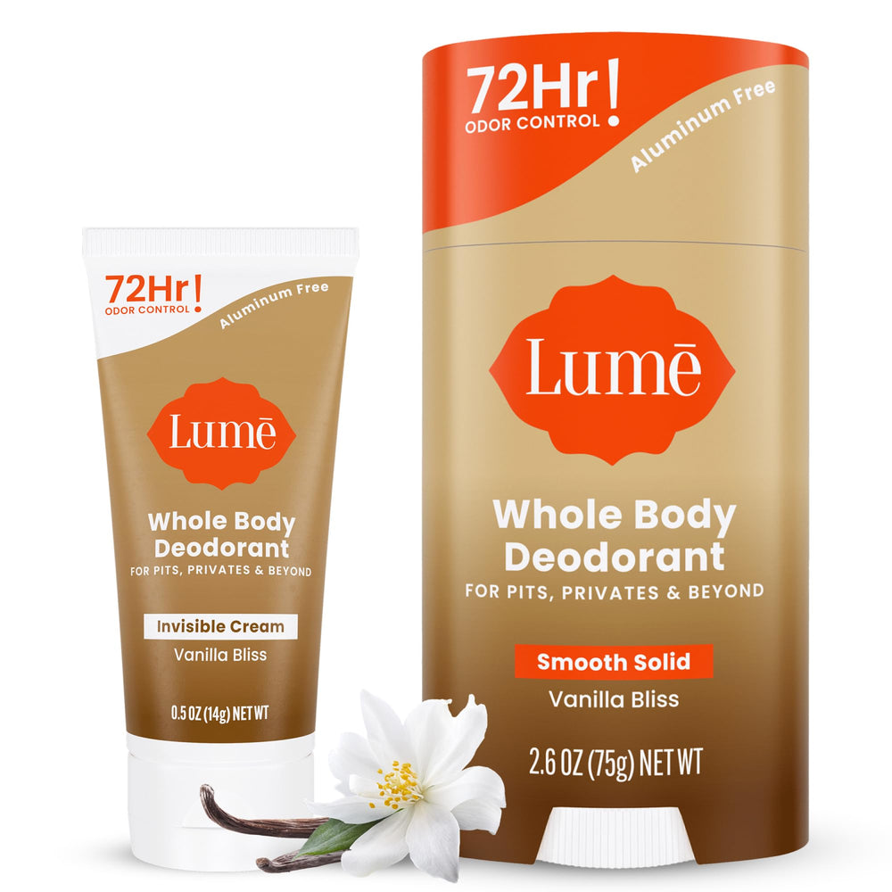 Lume Vanilla Bliss invisible cream tube showing all‑day odor control capability.