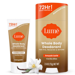 Lume Vanilla Bliss invisible cream tube showing all‑day odor control capability.