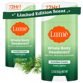 Lume Whole Body Deodorant invisible cream stick packaging showcases Fresh Alpine scent for everyday odor protection.