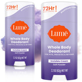 Lume whole body deodorant invisible cream stick showing soft powder texture for all-day odor control.