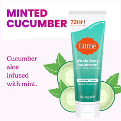 LUME Whole Body Deodorant invisible-cream-tube minted cucumber swatch highlights refreshing scent.