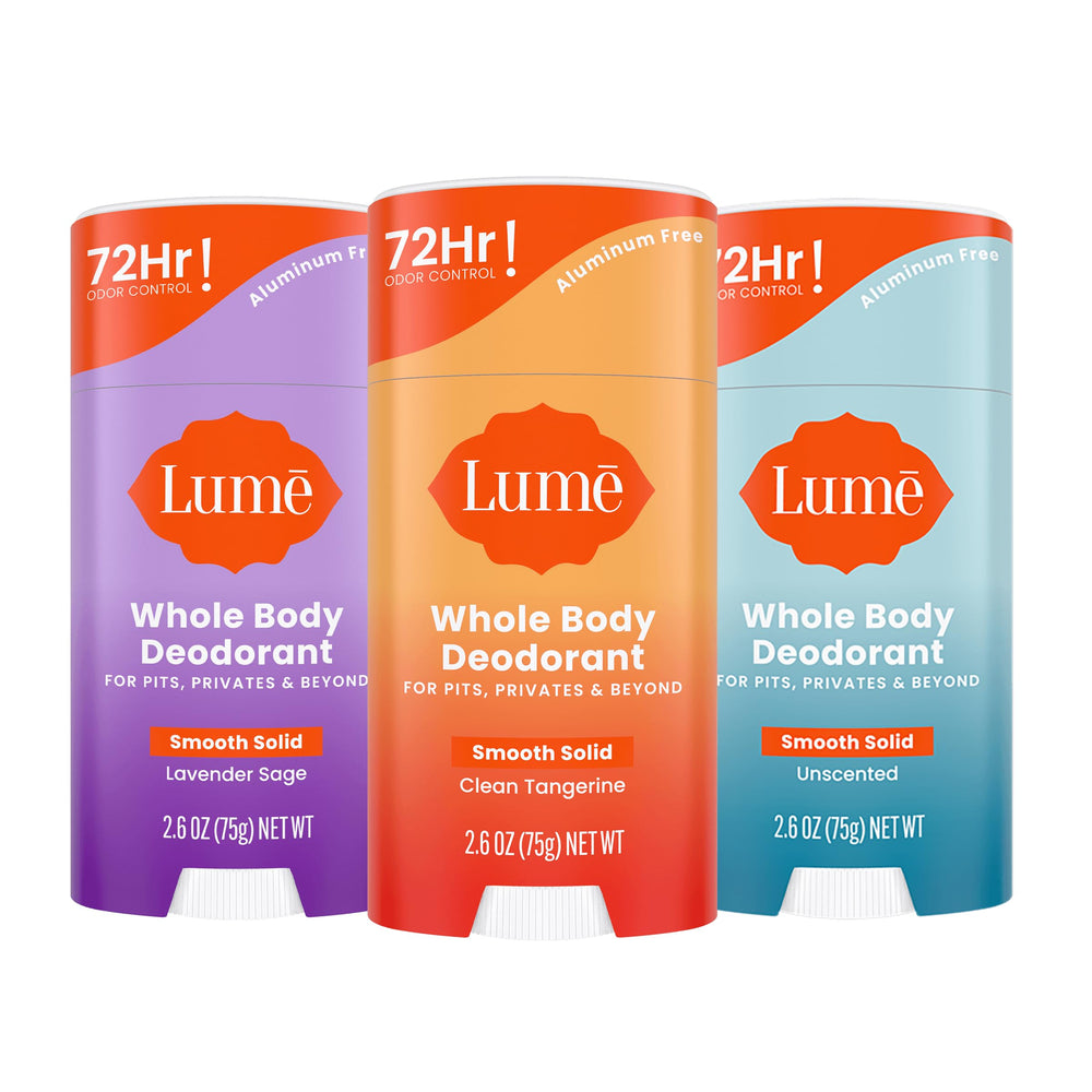 Lume whole body deodorant smooth stick packaging for all-day odor control.