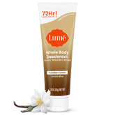 Lume Vanilla Bliss tube closeup shows invisible cream texture for all-day odor control