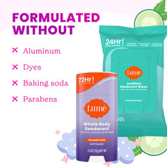 Lume wipes flushable and environmentally friendly for convenient touch-ups.