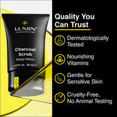 Lumin Charcoal Scrub Deep Detox foam application demonstrates gentle lather for even coverage.