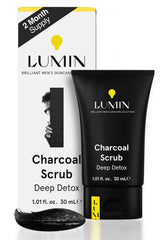 Lumin Charcoal Scrub Deep Detox jar closeup shows exfoliating texture for pore cleansing.