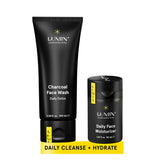 Lumin Dynamic Duo Charcoal Face Wash dispenser cleanses pores for a refreshed look.